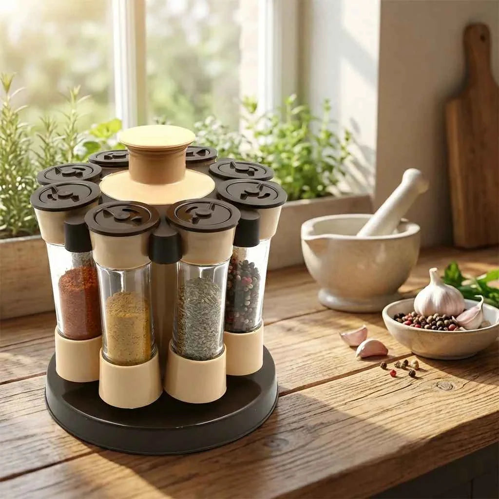 Revolving spice rack with clear glass tubes, beige bases, and black lids beside a mortar and spoon