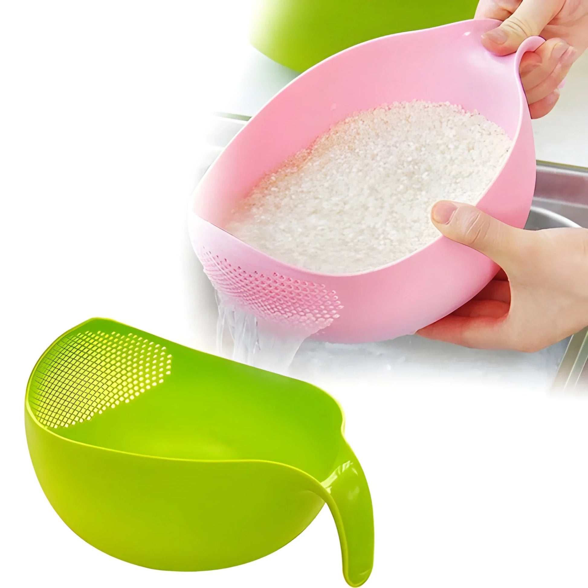 Thick rice drain basket, pink scoop with fine mesh base; green basket in view