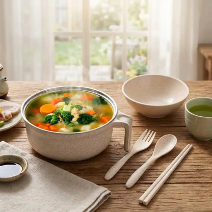 Handled speckled beige ceramic soup bowl with fork and spoon on table