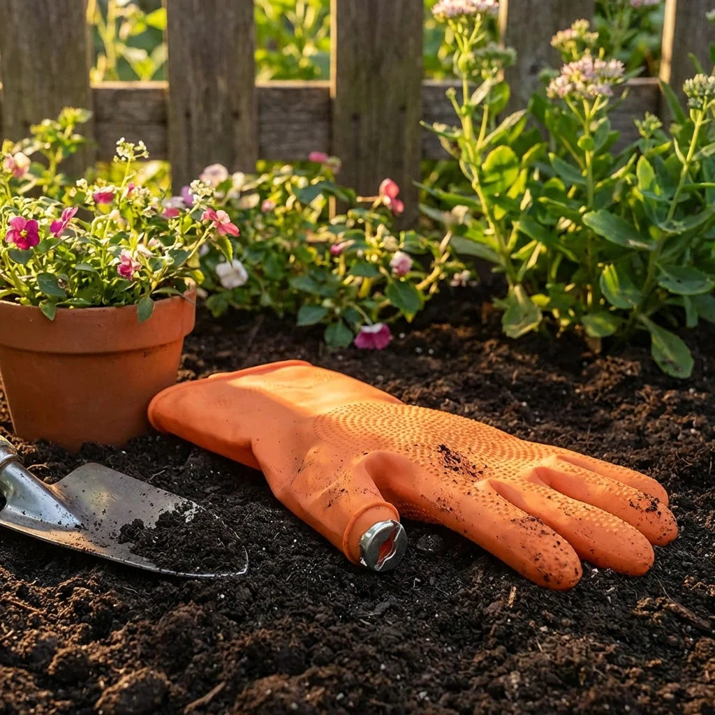 Orange right-handed silicone thumb cutter glove with metal blade at thumb.