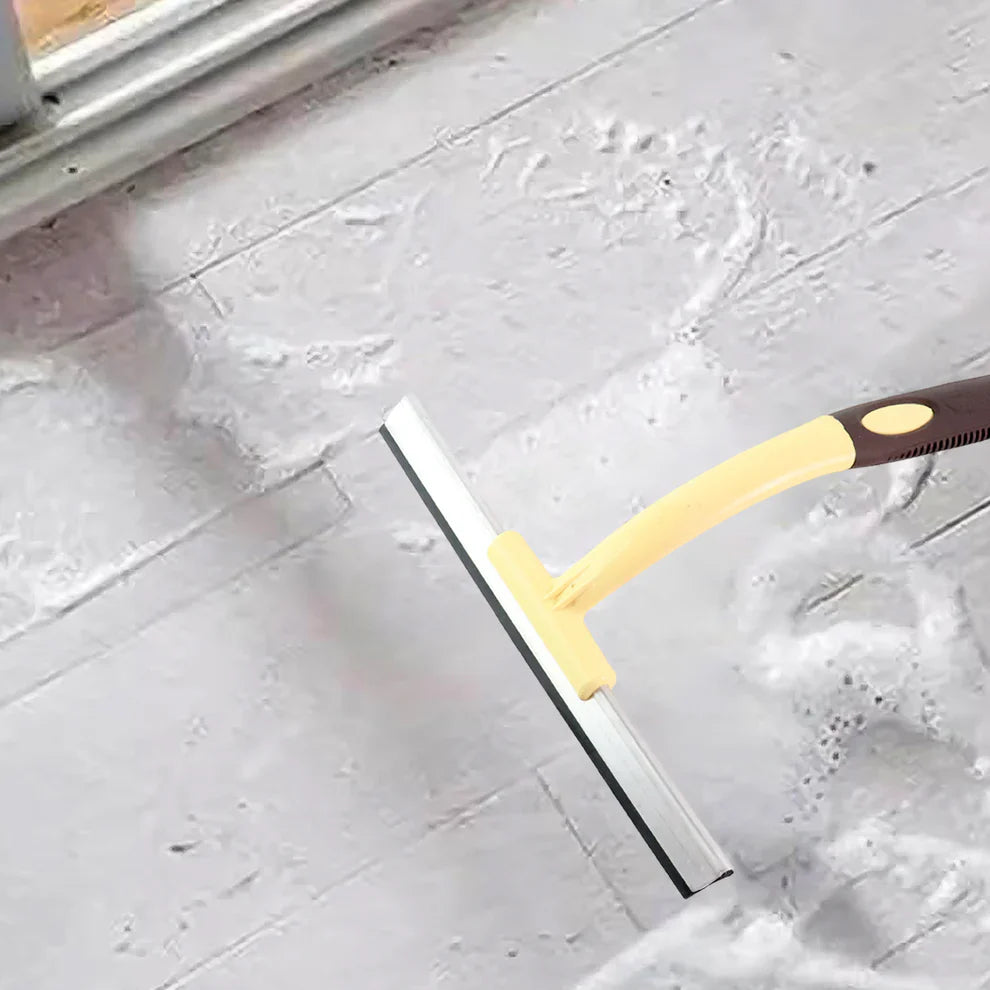 Glass wiper squeegee with yellow handle and brown grip, flat metal blade