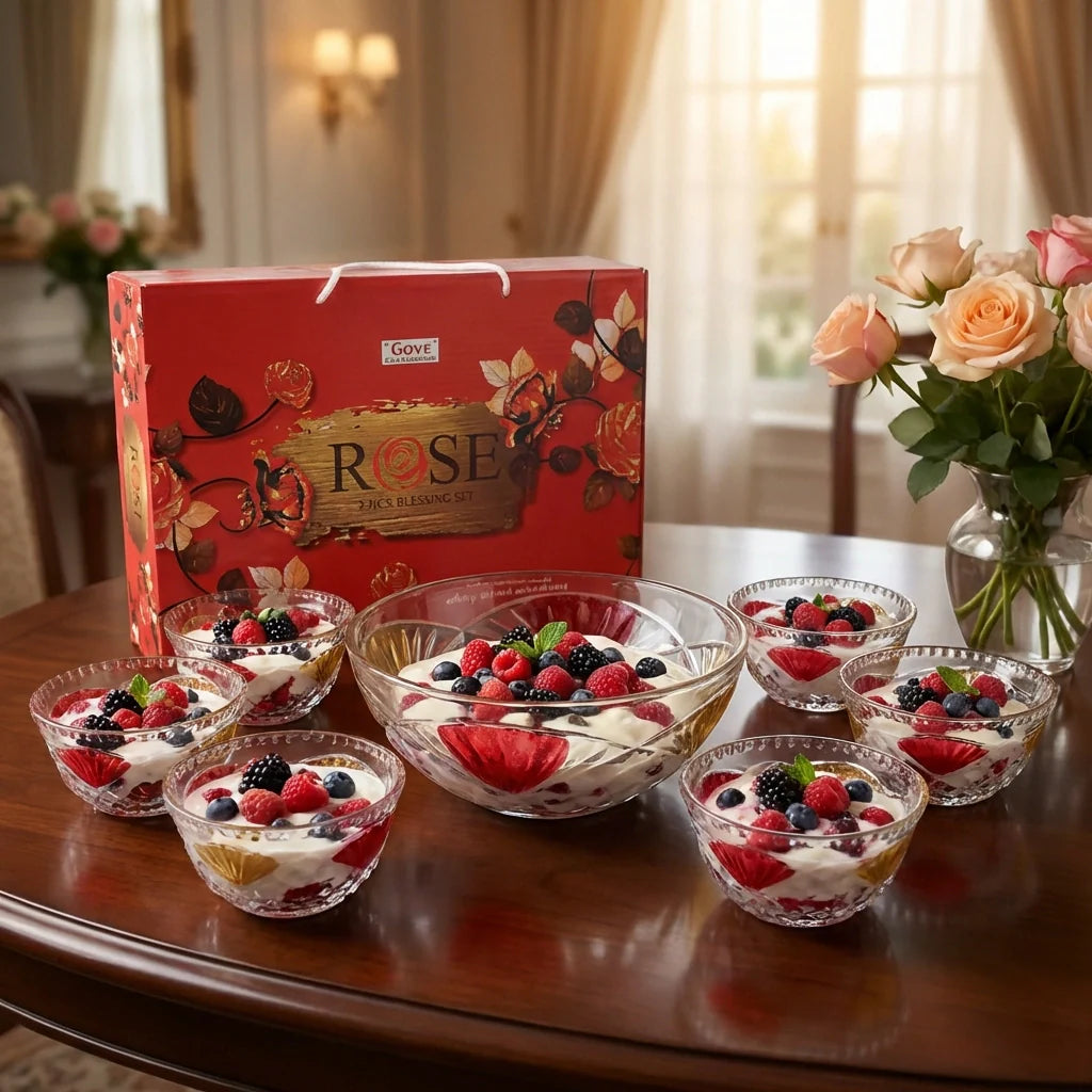 Glass fruit dessert bowl set, clear bowls with red berries and cream