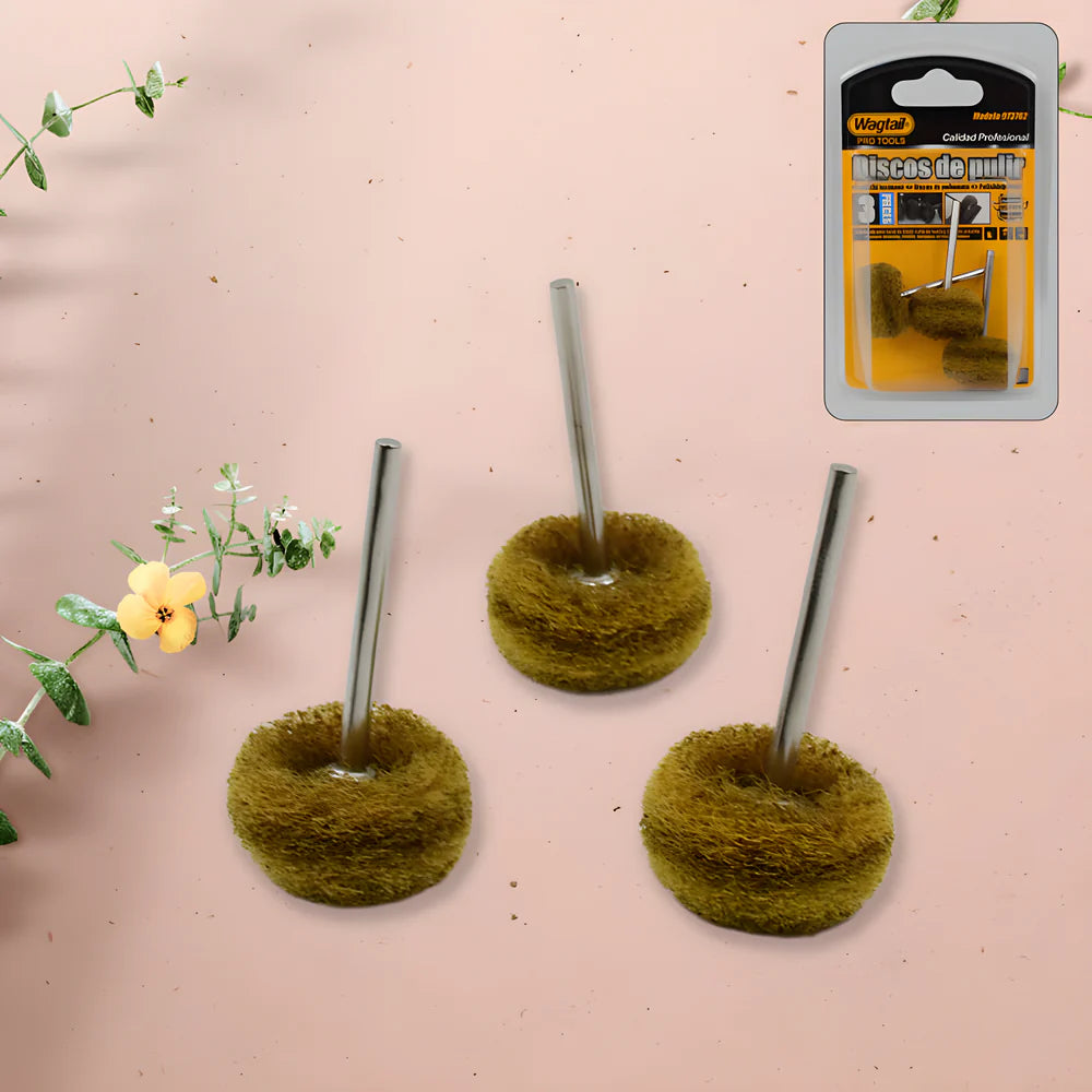 Rotary buffing wheels set: three round brush heads on metal stems