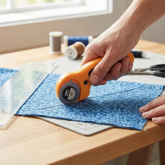 Rotary fabric cutter with orange handle, cutting blue fabric on a work surface.