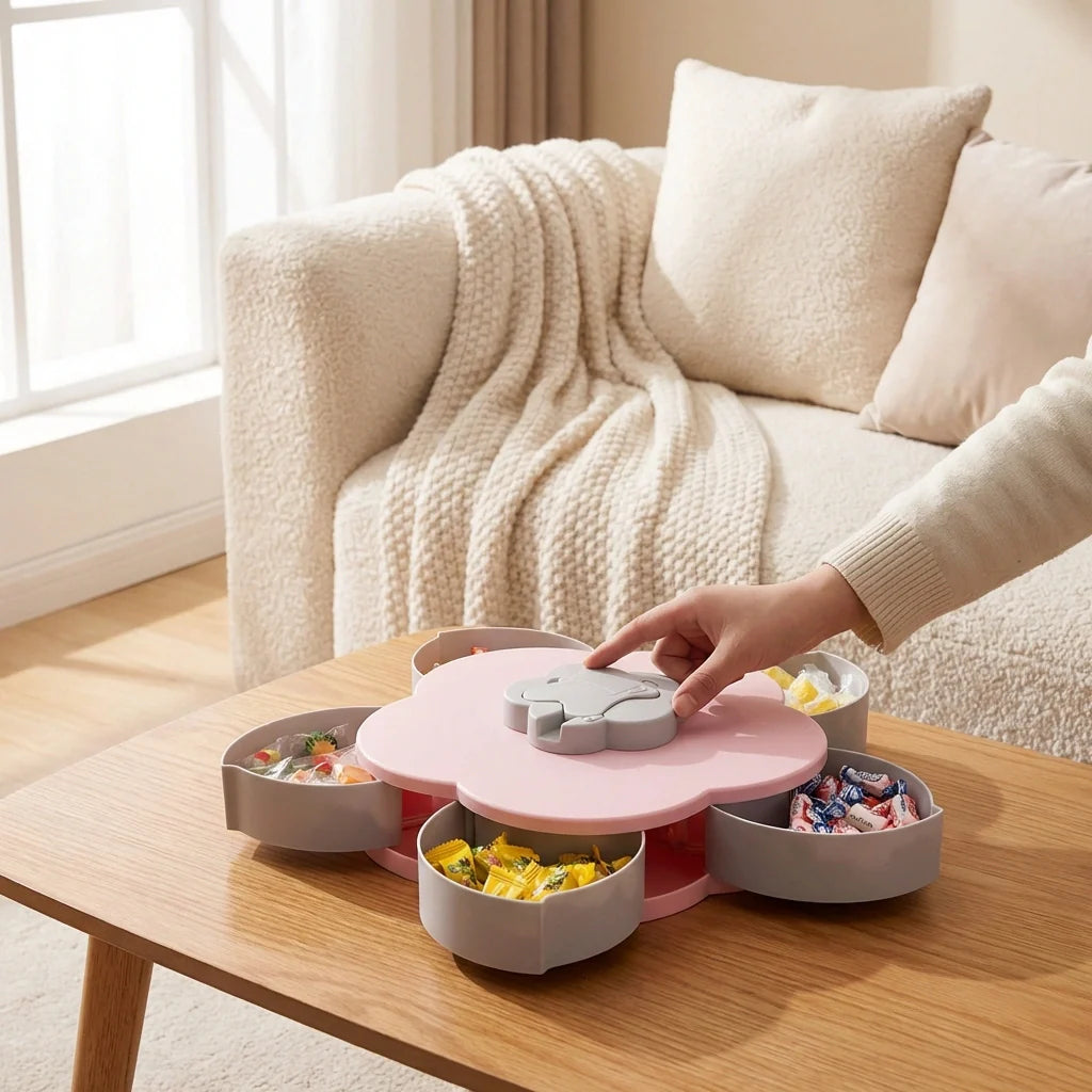 Rotating snack serving tray with round compartments and central dip holder