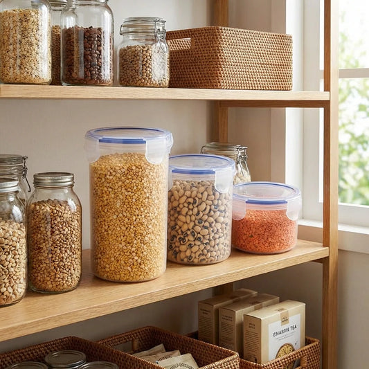 Round airtight food storage jars (3-pack) with clear containers and matching lids
