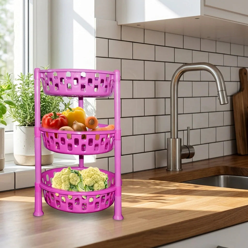 Purple 3-tier round plastic rack organizer with three vented baskets for storage.
