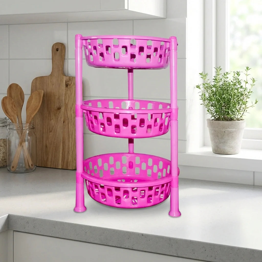 Purple 3-tier round plastic rack organizer with two lower and top vented baskets.