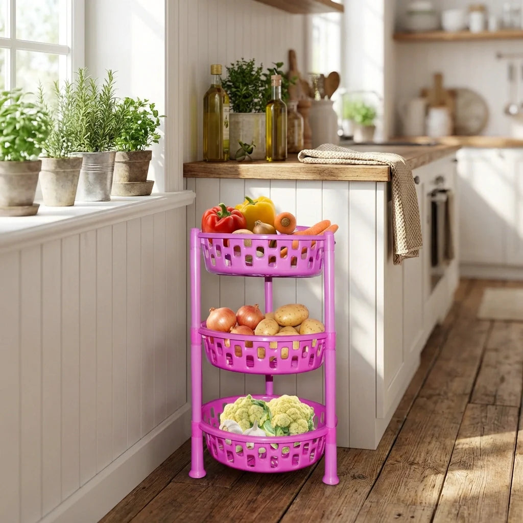 Purple 3-tier round plastic rack organizer with vented baskets on kitchen countertop.