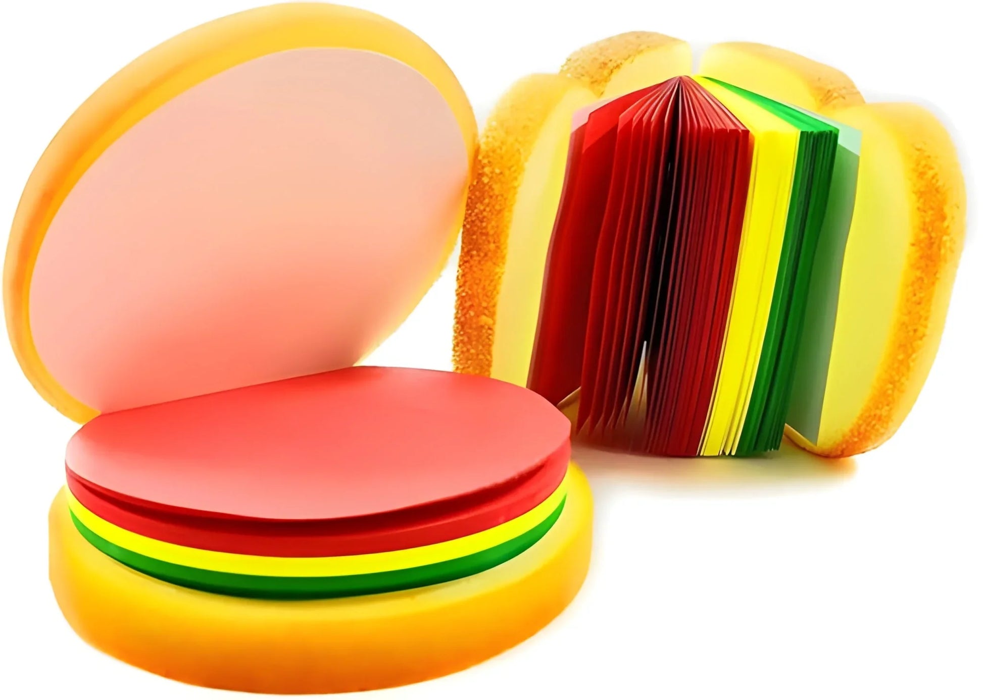 Sandwich-shaped notepad with red and pink pages, yellow shell and colorful tabs