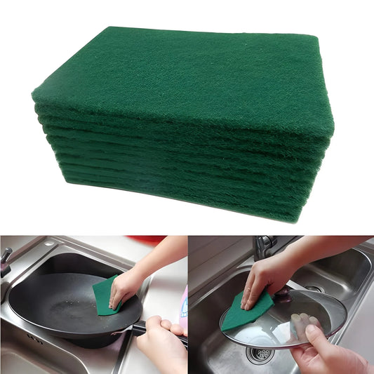 Stack of green scrub sponge cleaning pads with textured surface