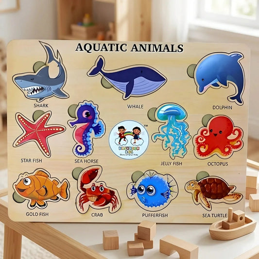 Wooden puzzle board with aquatic animal illustrations and interlocking pieces
