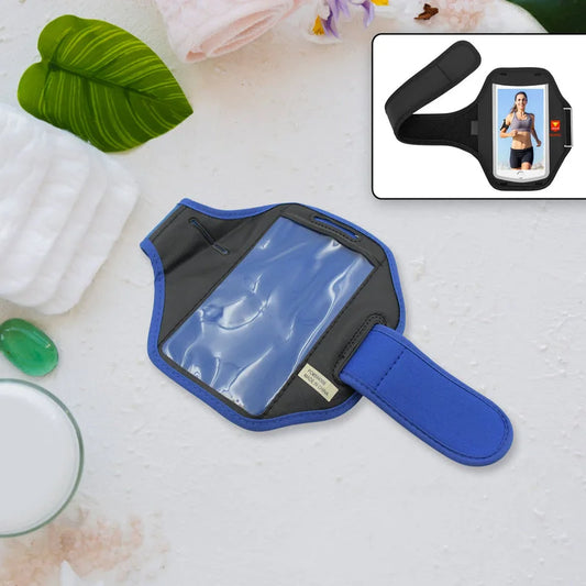 Blue sports phone armband with adjustable strap and clear touchscreen window