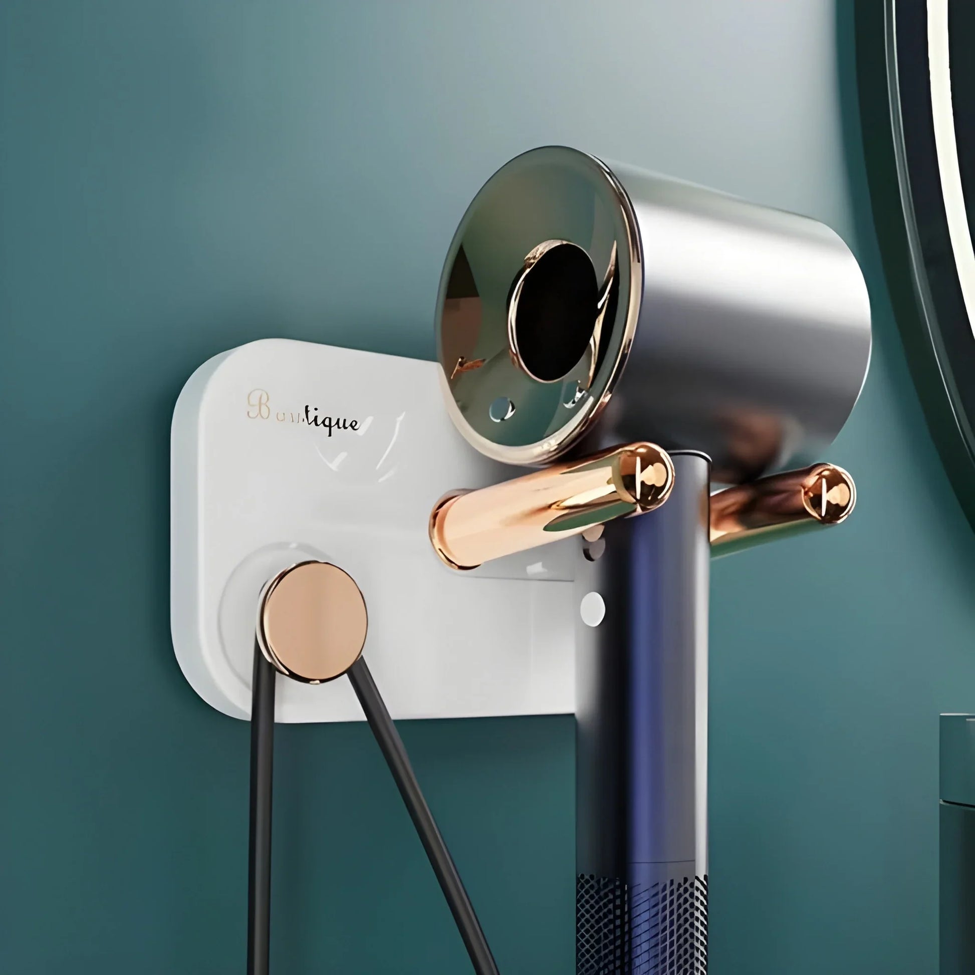 Self-adhesive hair dryer wall mount, white bracket with gold hardware