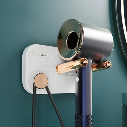 Self-adhesive hair dryer wall mount, white bracket with gold hardware