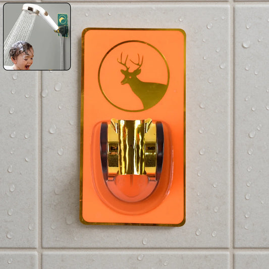 Self-adhesive shower head bracket with gold clamp and clear backing