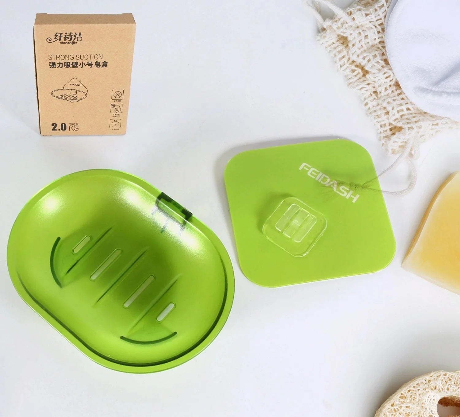 Green self-adhesive soap dish holder with drainage grooves and adhesive pad