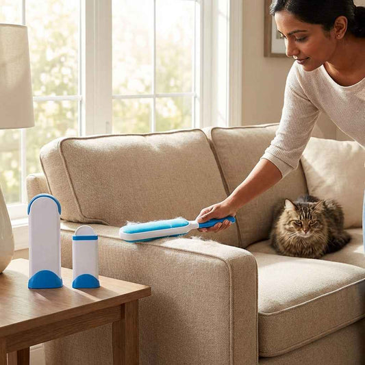 Self-cleaning pet hair remover with blue lint brush tools