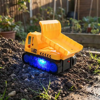 Orange dump truck toy with open bed and blue LED lights, side view