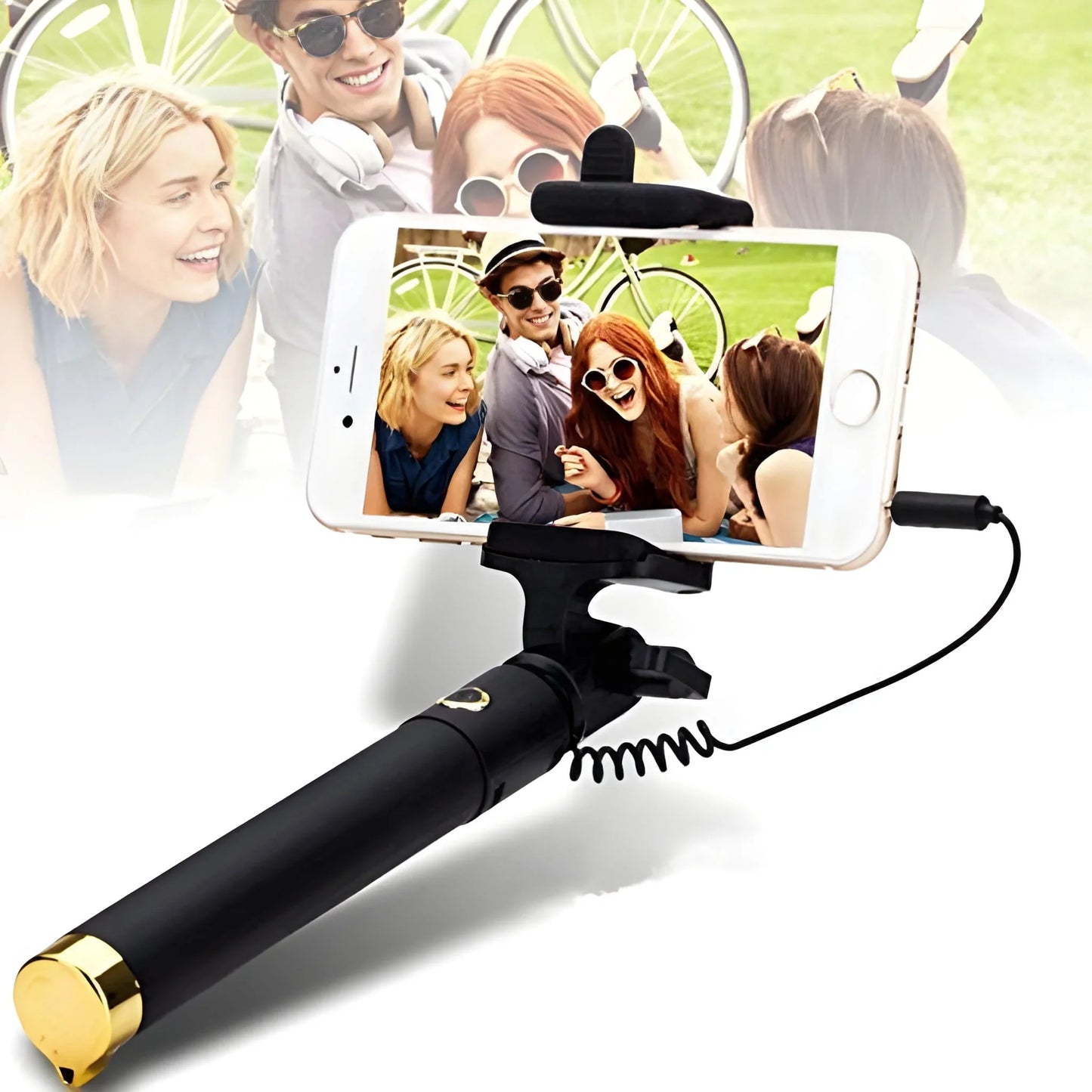 Selfie stick with smartphone holder and aux audio cable, black and gold