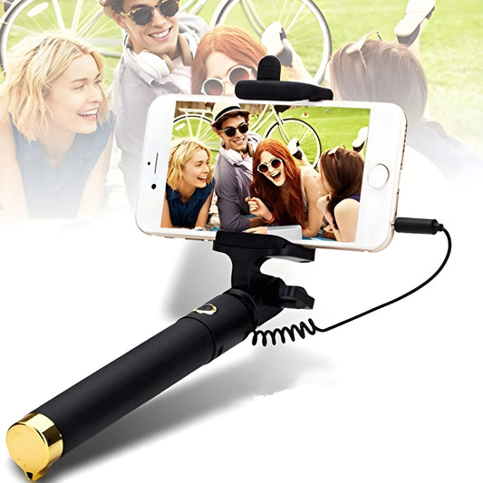 Selfie stick with smartphone holder and aux audio cable, black and gold
