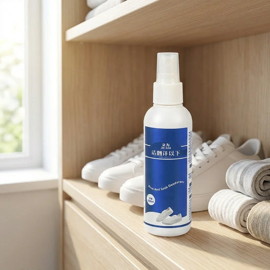 Shoe deodorant spray bottle with blue-and-white label and white mist nozzle