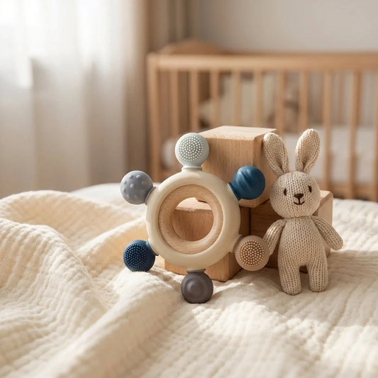 Baby silicone teether set with textured ring handle and plush rabbit accessory
