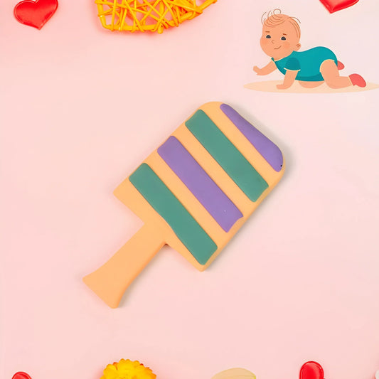 Silicone baby teether popsicle with green, purple, and yellow stripes