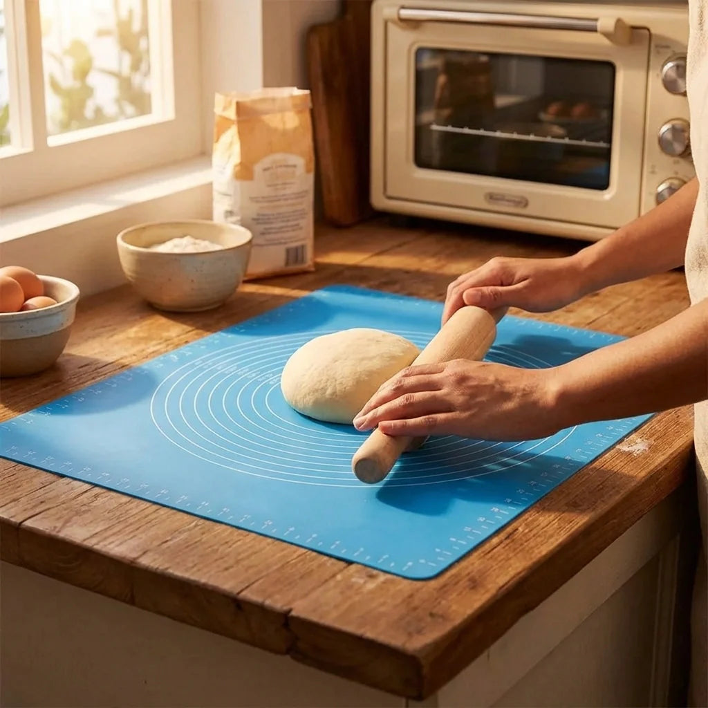 Blue silicone baking mat with measurement circle guide for dough