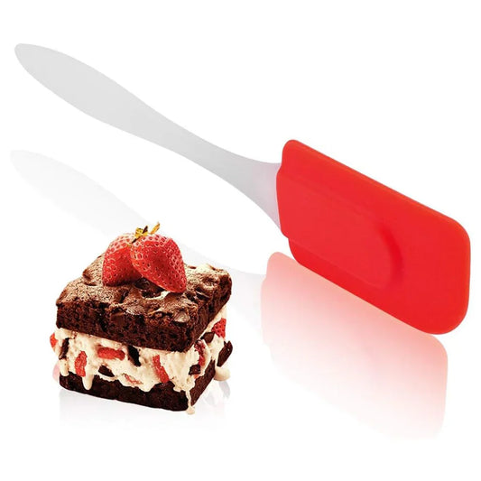 Red silicone baking spatula with long white handle and wide flexible head