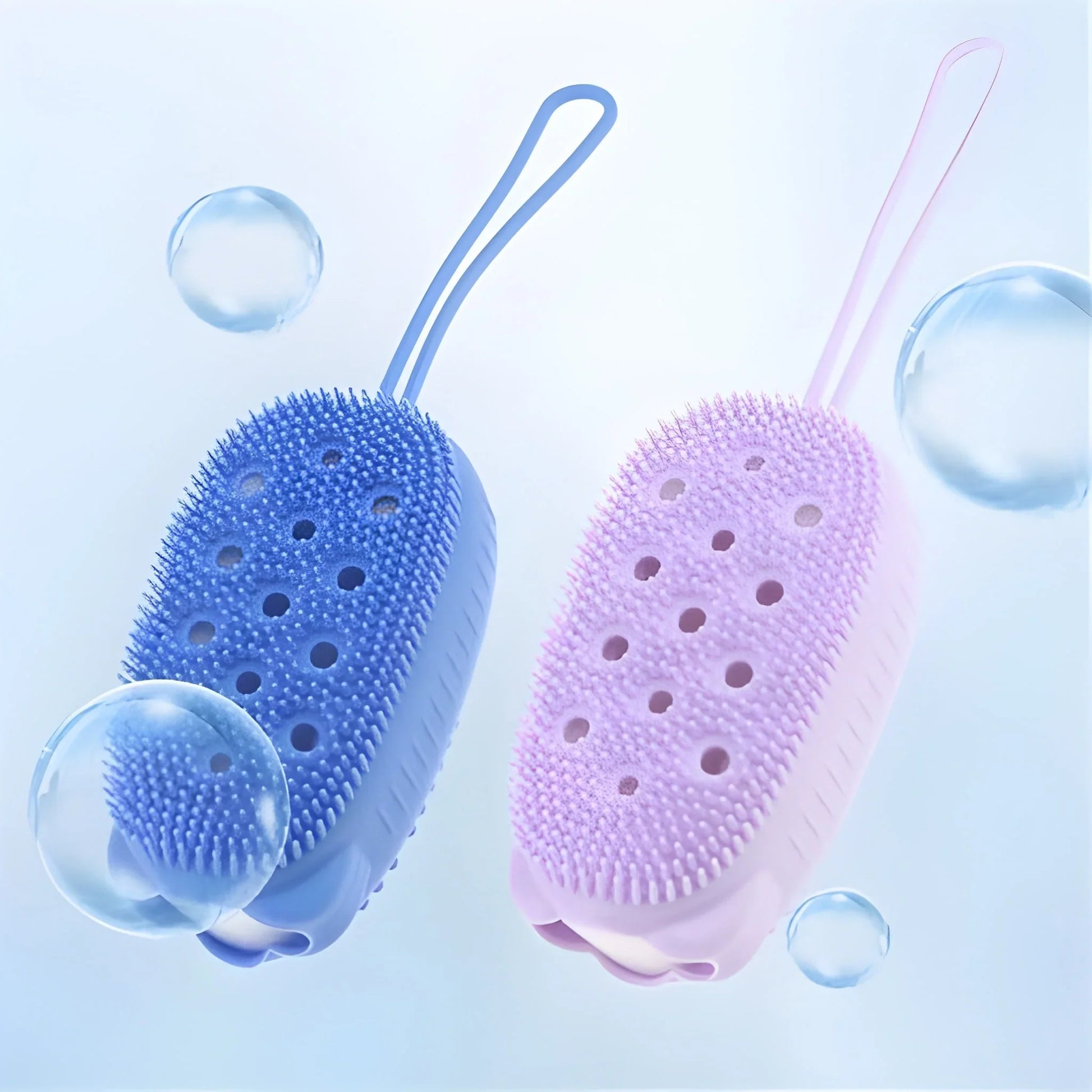 Silicone bath scrubber set with bubble massage pads, blue and pink