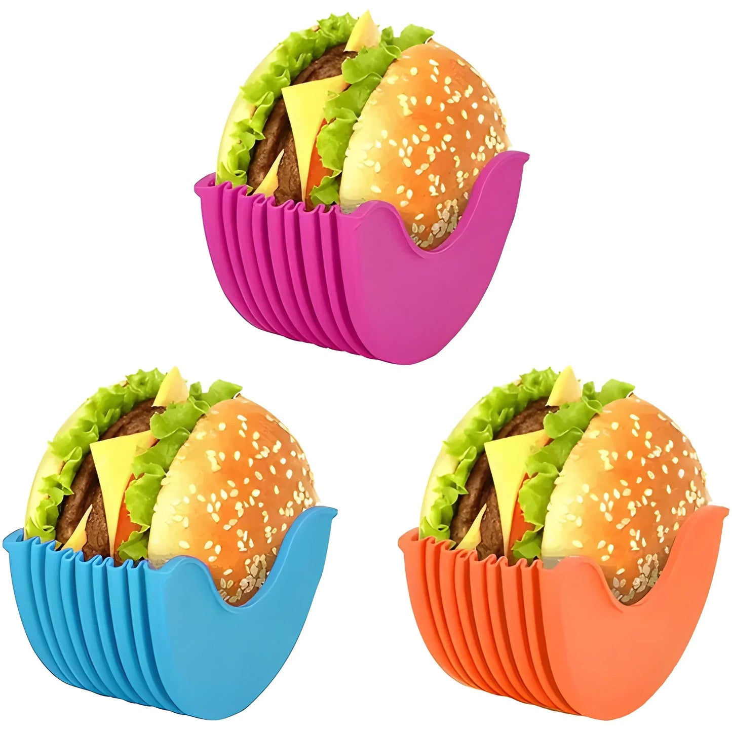 Silicone burger holders in purple, blue, and orange, molded bowl shape for burgers
