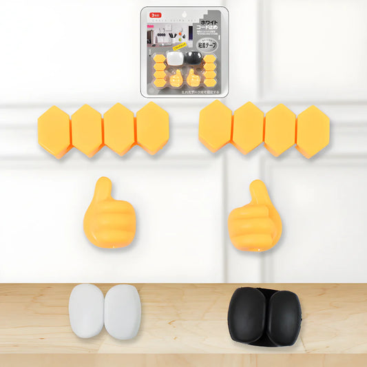 Silicone cable hook clips with hex mounts and loop hooks, yellow and black