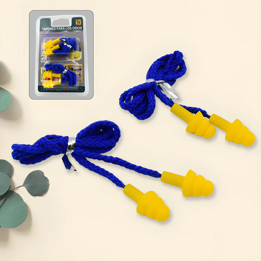 Silicone corded earplugs with blue rope cord and yellow ear tips