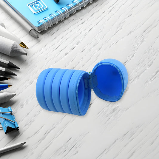 Blue silicone expandable pencil case, open with zipper