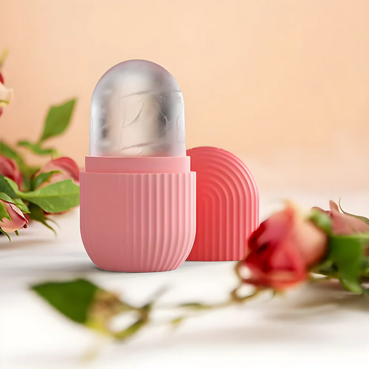 Silicone face ice roller with silver dome and pink ribbed base