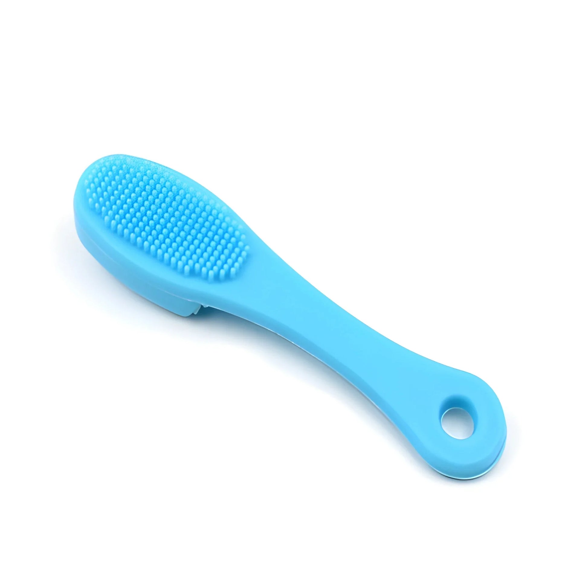 Blue silicone facial cleansing brush with textured bristle head and handle hole