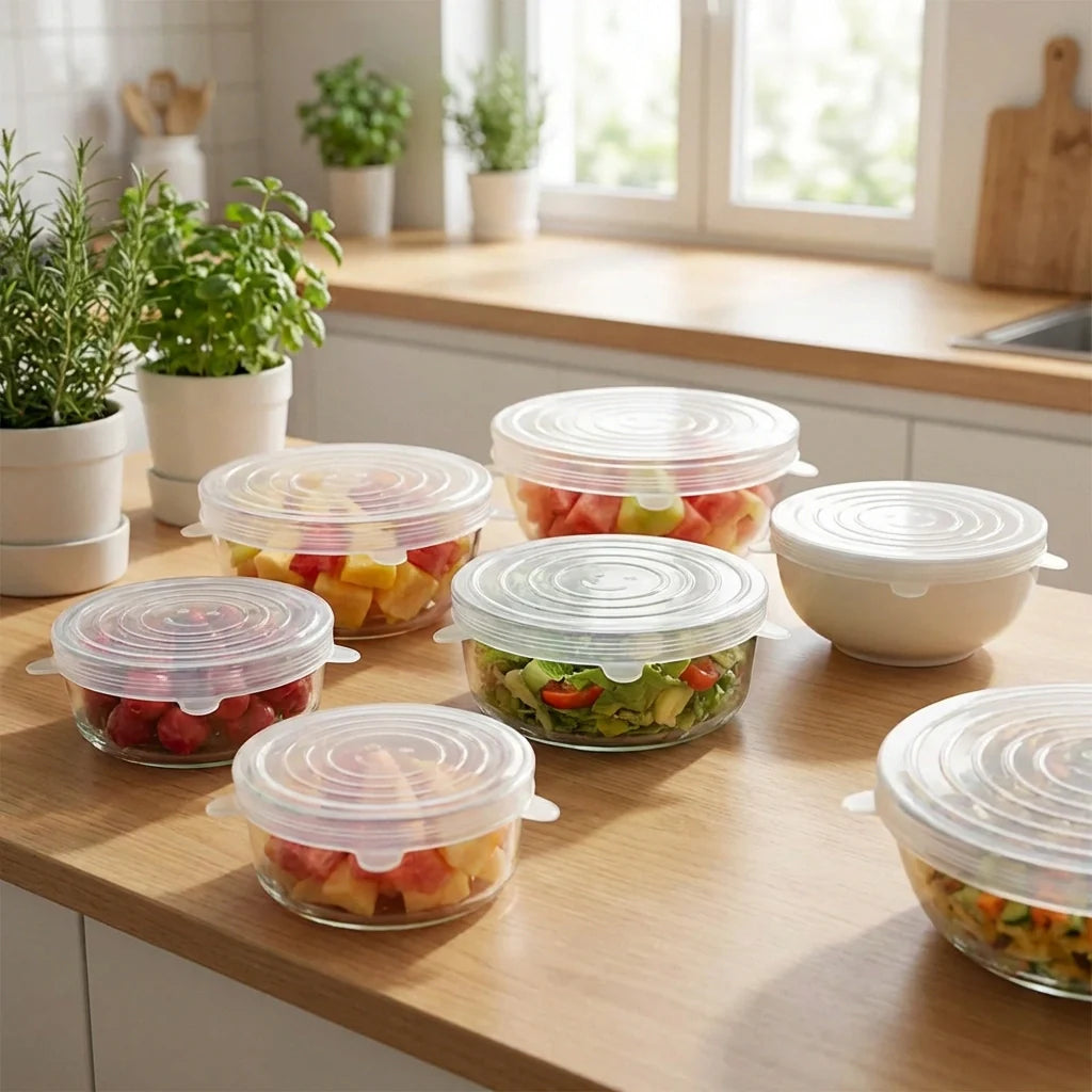 Silicone stretch food cover lids set of 6, transparent round lids for bowls