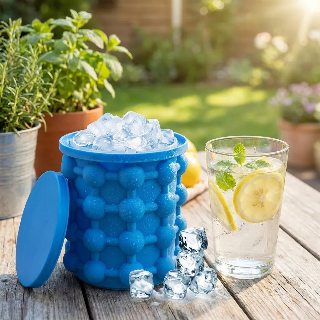 Blue silicone ice cube maker filled with ice cubes, with extra cubes nearby