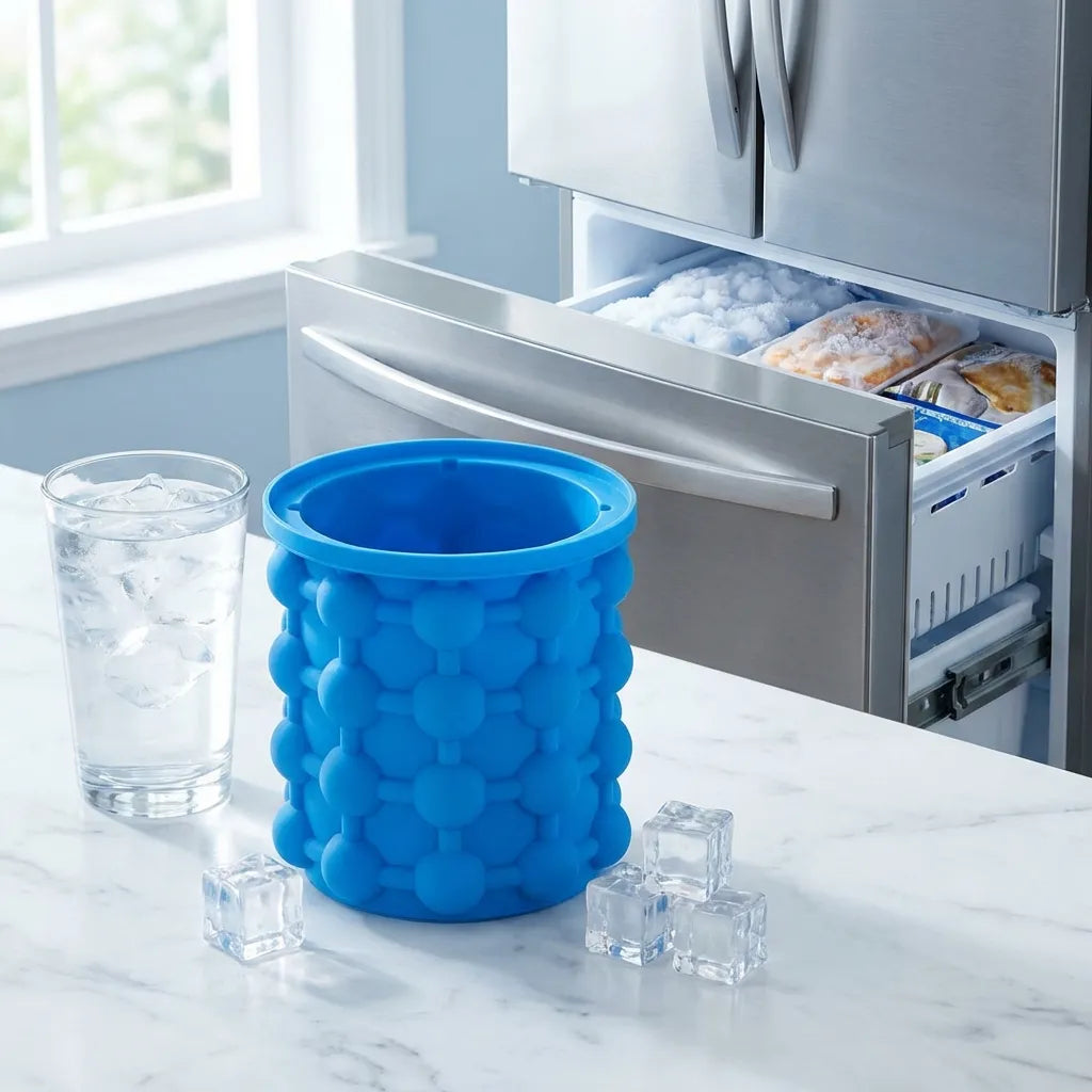 Blue silicone ice cube maker on countertop with ice cubes