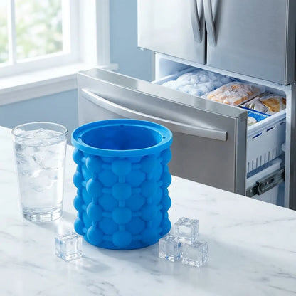 Blue silicone ice cube maker on countertop with ice cubes
