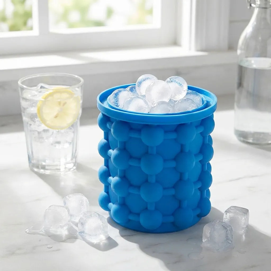 Blue silicone ice cube maker filled with ice cubes on countertop