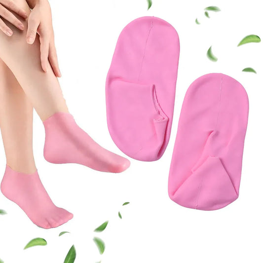 Pink silicone moisturizing socks with gel pad on sole