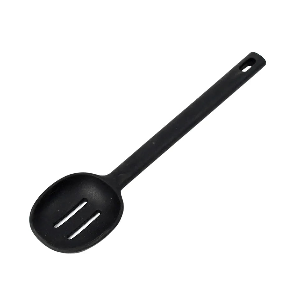 Black silicone non-stick heat resistant spoon with slotted bowl and handle