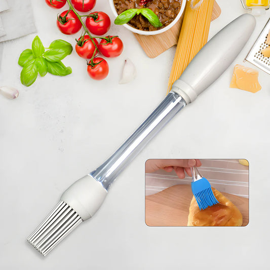 Silicone oil brush tool with blue silicone bristles and gray handle