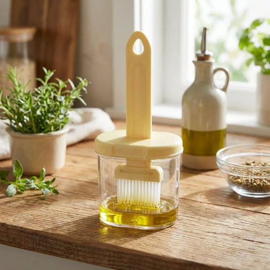 Silicone spatula with holder, amber head in clear countertop container