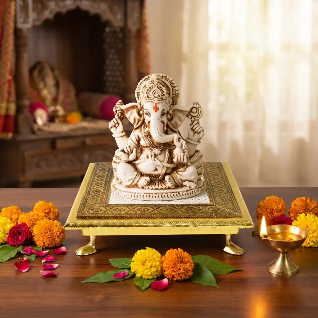 Square pooja chowki with decorative frame, Ganesha statue on top