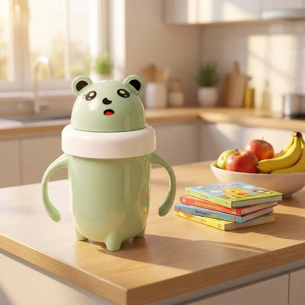 Light green baby sipper cup with panda head lid and two loop handles.