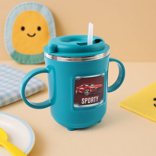 Teal sipper mug with straw, two side handles, silver lid, front sporty badge