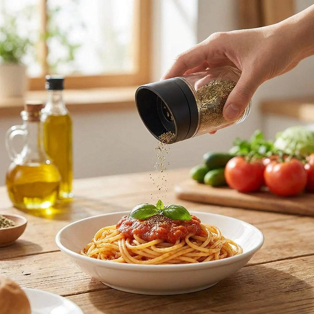 Kitchen storage jar with slant lid, pouring ground spice into a bowl